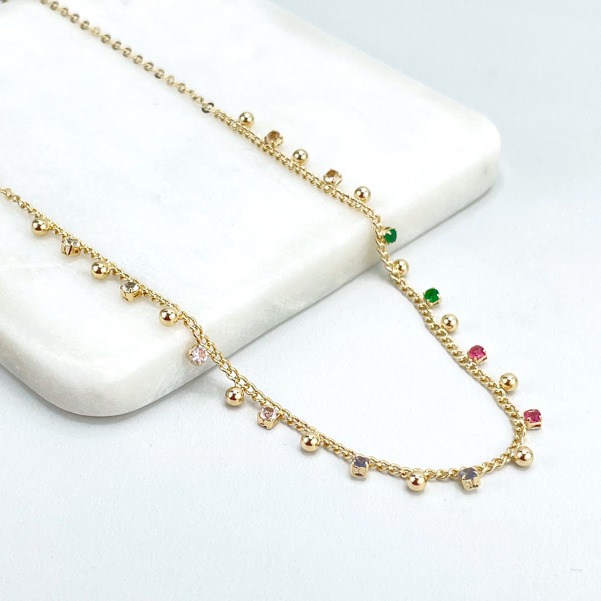 18k Gold Filled Dangle Colored Cubic Zirconia & Gold Beads 18 inches Long + 2.5 Inches Extender Necklace, Wholesale Jewelry Making Supplies