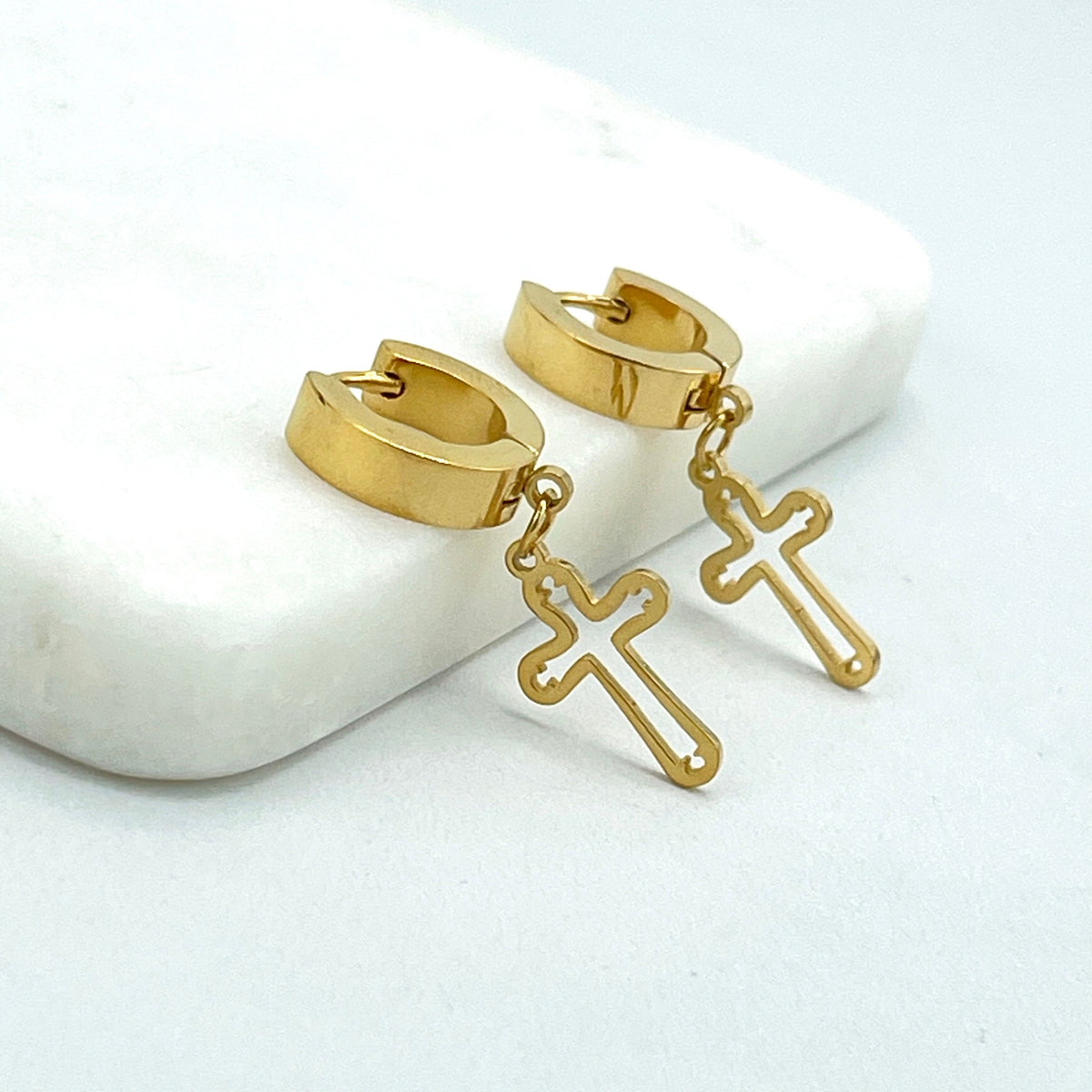 18k Gold Filled Huggie with Dangle Cutout Cross Charm Earrings, Hoops Earrings, Wholesale Jewelry Making Supplies