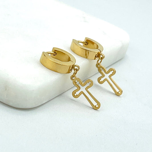 18k Gold Filled Huggie with Dangle Cutout Cross Charm Earrings, Hoops Earrings, Wholesale Jewelry Making Supplies