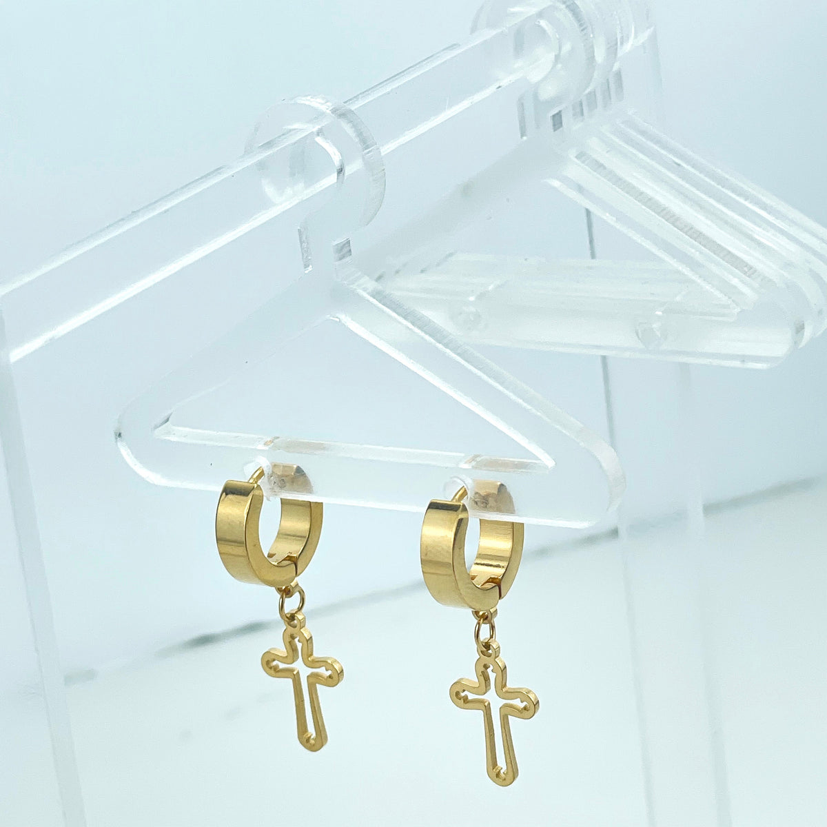 18k Gold Filled Huggie with Dangle Cutout Cross Charm Earrings, Hoops Earrings, Wholesale Jewelry Making Supplies