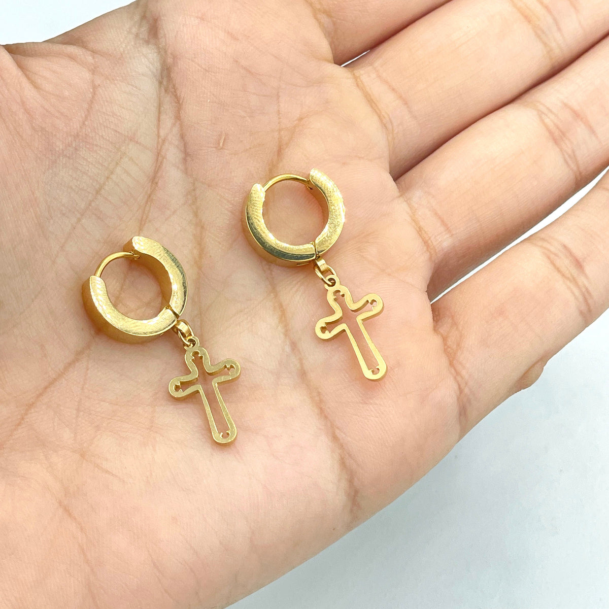 18k Gold Filled Huggie with Dangle Cutout Cross Charm Earrings, Hoops Earrings, Wholesale Jewelry Making Supplies