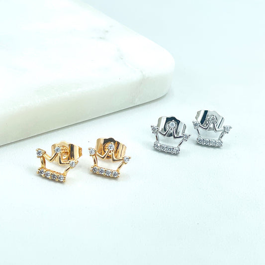 18k Gold Filled or Silver Filled Cutout Crown Shape Stud Earrings with Clear Cubic Zirconia Details, Wholesale Jewelry Making Supplies