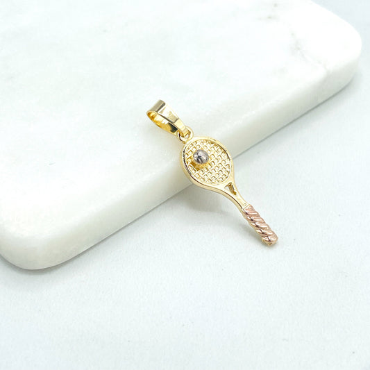18k Gold Filled Two Tone Tennis Racquet Shape with Tennis Ball Pendant, Sports & Fitness Pendant, Wholesale Jewelry Making Supplies