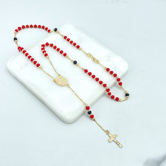 18k Gold Filled 4mm Box Chain & Simulated Azabache Red Black Beads, Divine Child, Divino Nino, Catholic Saint Rosary, Wholesale Jewelry