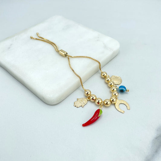 18k Gold Filled Adjustable Beaded Bracelet with Dangle Good Luck Charms, Hamsa Hand, Chilli, Horseshoe, Evil Eye & Clover, Wholesale Jewelry