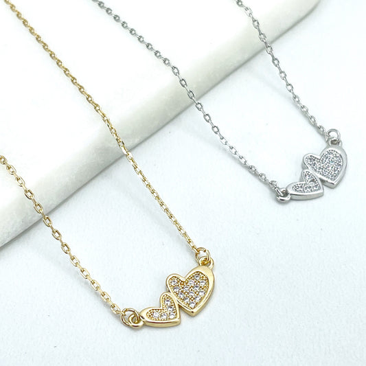18k Gold Filled or Silver Filled 1mm Paperclip Chain with Micro Cubic Zirconia Double Hearts Necklace, Wholesale Jewelry Making Supplies