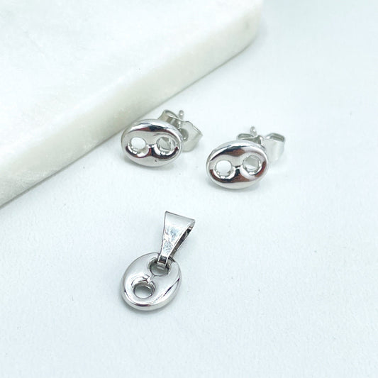 Silver Filled Small Mariner Anchor, Chunky Link Mariner Stud Earrings and Charm Set, Wholesale Jewelry Making Supplies