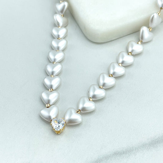 18k Gold Filled Simulated Pearls Heart Shape Linked with Back Box Chain with Solitaire Cubic Zirconia Necklace, Wholesale Jewelry Supplies