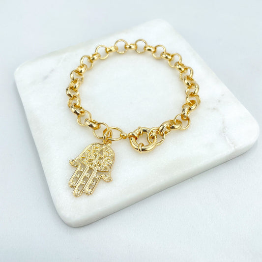 18k Gold Filled 8mm Rolo Chain with Dangle Cutout Hamsa Hand Charm and Spring Ring Clasp Bracelet, Wholesale Jewelry Making Supplies