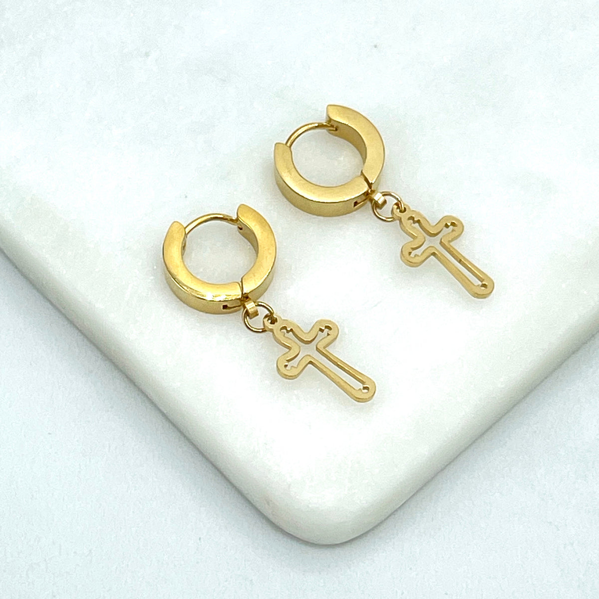 18k Gold Filled Huggie with Dangle Cutout Cross Charm Earrings, Hoops Earrings, Wholesale Jewelry Making Supplies
