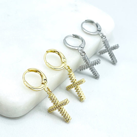 18k Gold Filled or Silver Filled Classic Huggie Hoop Earrings with Dangle Cross Shape Charm with Cubic Zirconia, Wholesale Jewelry Supplies