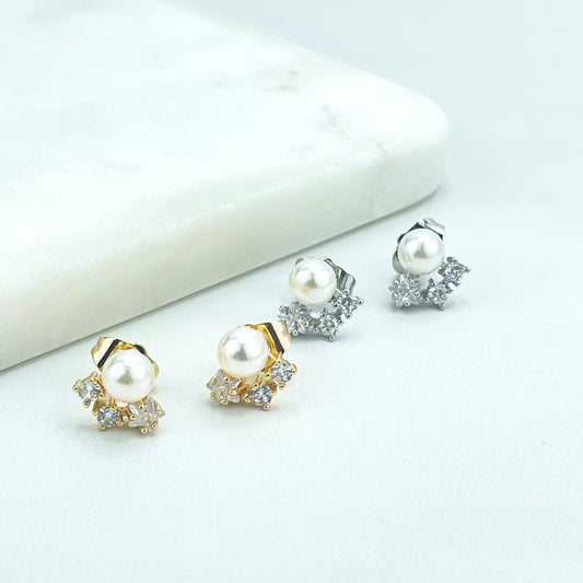 18k Gold Filled or Silver Filled Three Clear Cubic Zirconia & Simulated Pearl Stud Earrings, Wholesale Jewelry Making Supplies