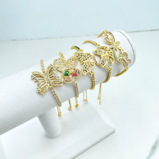 18k Gold Filled Box Chain & Sided Cubic Zirconia Adjustable Bracelet with Ornate Butterflies Charms in Different Styles, Wholesale Jewelry